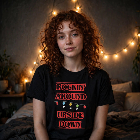 Model wearing black Stranger Things Christmas t-shirt with red lettering wrapped in Christmas lights
